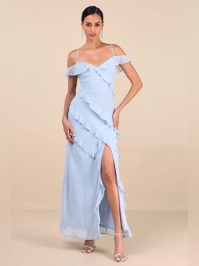 LULUS Elara Ruffle Maxi Dress Large Light Blue Side Slit Formal Wedding Guest